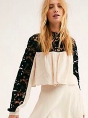Free People Two Hearts Velvet Embroidered Blouse Crop Top Lace Cream Black 0